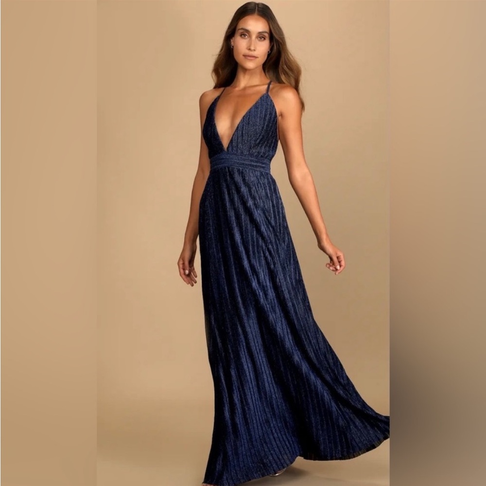 Lulu’s Magical Looks Navy Blue Sparkly Pleated Maxi Dress